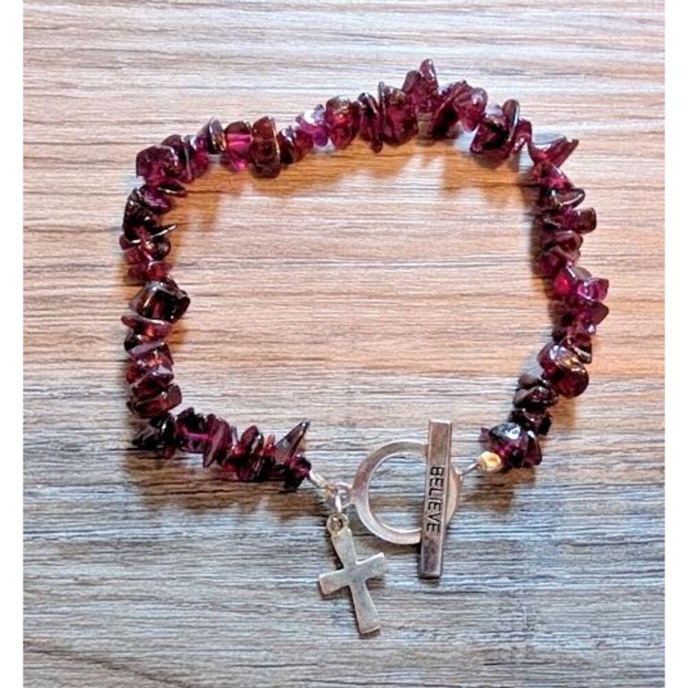Natural Polished Purple Stone Sterling 925 Solid Silver Charm Cross Bracelet
